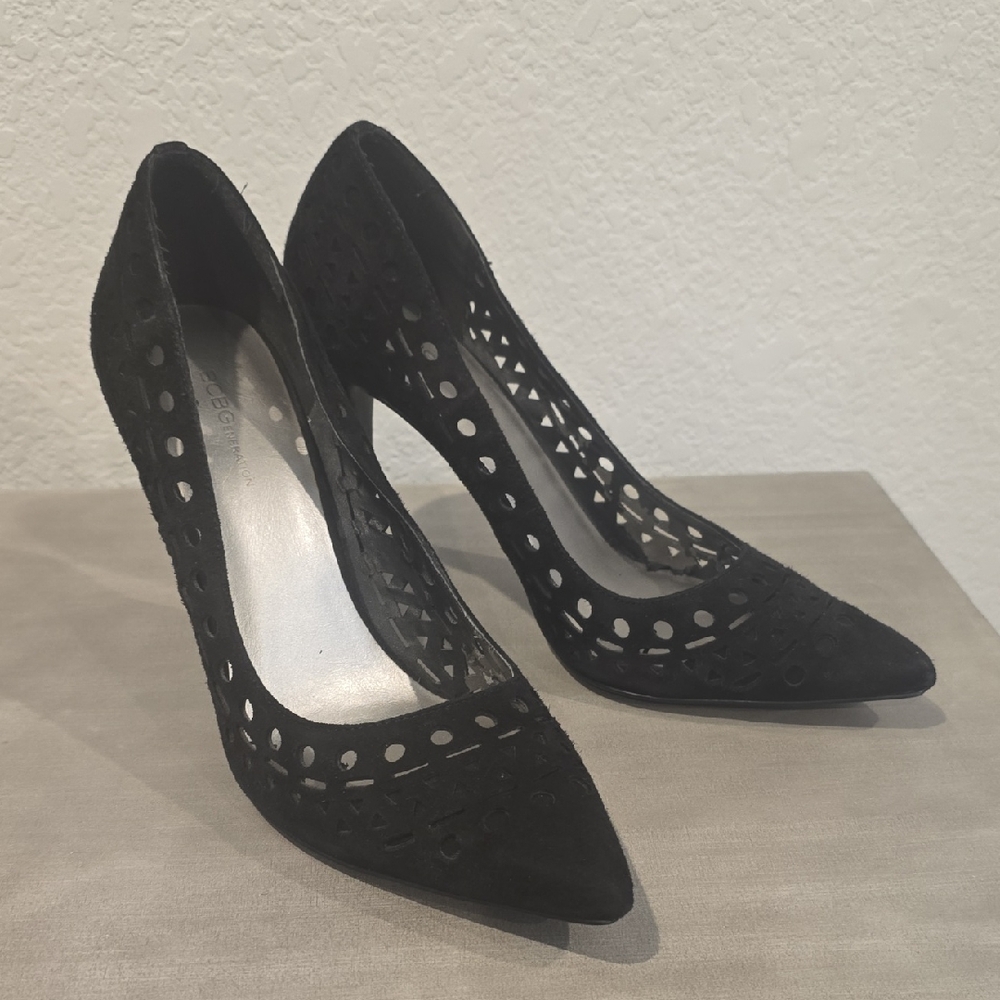 BCBGeneration Black Laser-Cut Suede Pointed Pumps